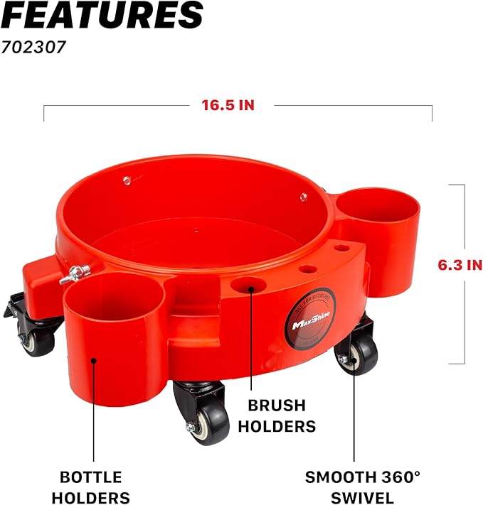 Maxshine Universal Rolling Bucket Dolly (Red) – Heavy-Duty Detailing Bucket Cart with 5 Wheels & 2 Locking Casters – Mobile Organizer for Compounds, Brushes & Car Wash Supplies