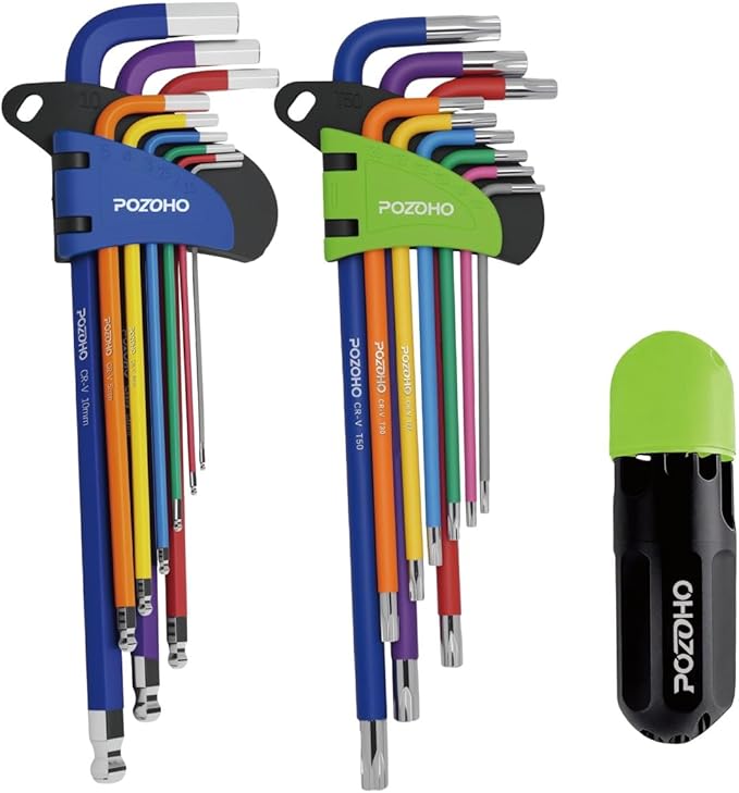 19-Piece Metric(1.5-10mm) & Torx(T10-T50) Allen Wrench Set, Color-Coded Ball End Hex Key Set with Bonus Torque Handle, Extra-Long, Anti-Rust for Motorcycle, Car Repair & Diy, PTM01019A