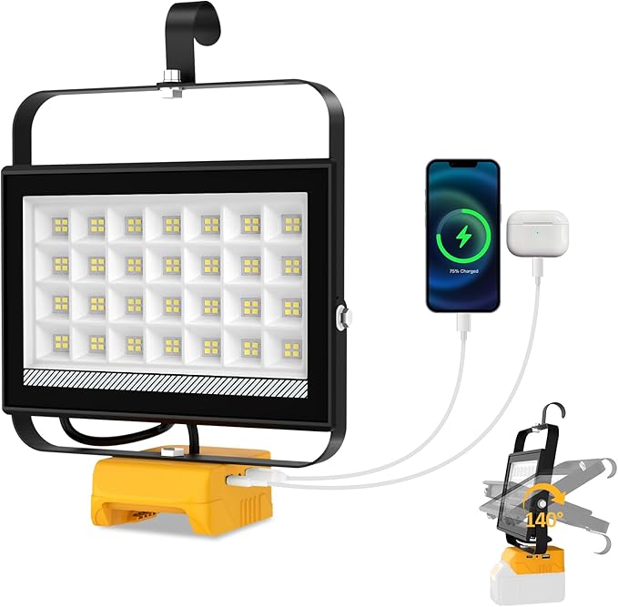 T-SUN 100W LED Work Light, 10000LM Portable Cordless Light Flood Compatible with Dewalt 20V Max Battery (Not Included), 2 USB Charging Ports for Jobsites, Workshops, Emergency, Outdoor