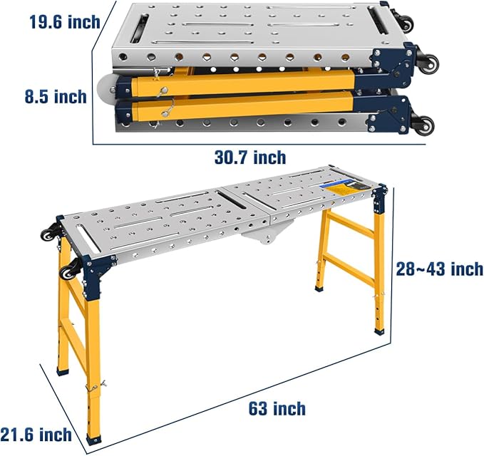 FUNTECK Versatile Portable Steel Work Platform and Welding Table with Casters | 55 x 14-inch Galvanized Tabletop | 1100 lbs. Load Capacity | Adjustable Height