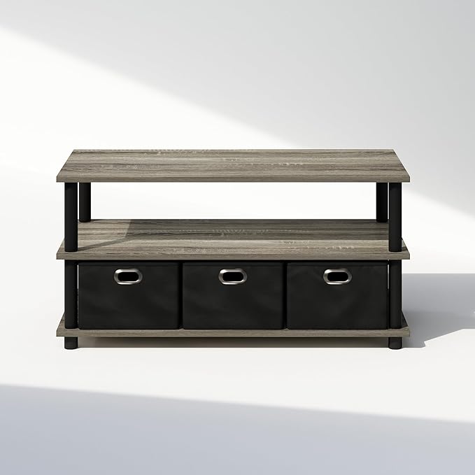 Furinno Turn-N-Tube Shoe Rack, Compact Shoe Organizer, Multipurpose Shoe Storage with Bin Drawers and Open Shelves, 15.5 x 31.2 x 15.4, for Closet Entryway, Office, Garage, French Oak/Black/Black