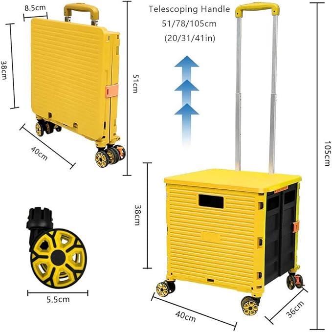 Foldable Utility Cart Folding Portable Rolling Crate Handcart Shopping Trolley Wheel Box with Lid Wear-Resistant Noiseless 360°Rotate Wheel for Travel Shopping Moving Storage Office Use (Yellow)