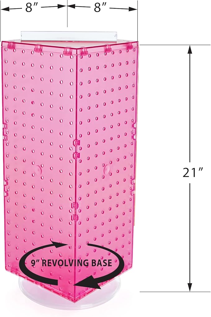 Azar Displays 703385-PNK-4C24, Four-Sided Revolving 8"W x 20"H Pegboard Counter Display w/ 24 Hooks- 4” Length, Pink