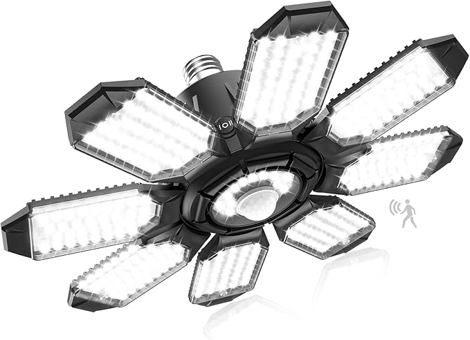 Motion Sensor Garage Light, 25000LM Motion Sensor Shop Light with 8 Foldable Panels, 6500K Indoor Motion Activated LED Light Bulb for Garage, Workshop, Utility Room (1 Pack)
