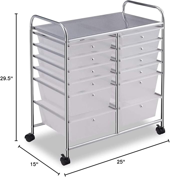 12-Drawer Rolling Storage Cart, Utility Cart Storage Shelves with 4 Universal Wheels, Tools Scrapbook Paper Organizer, Ideal for Home Kitchen Office Organizing (Transparent)