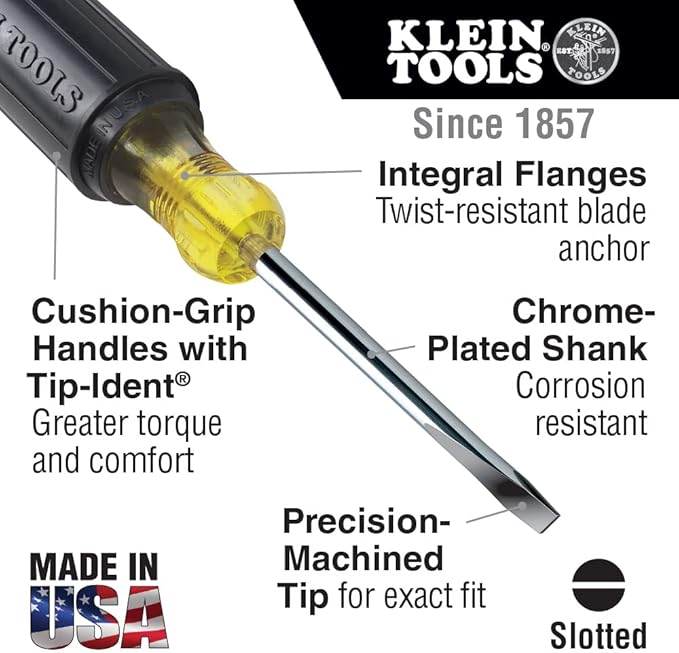 Klein Tools 605-4 1/4-Inch Cabinet Tip Screwdriver, Made in USA, Heavy Duty 4-Inch Round Shank
