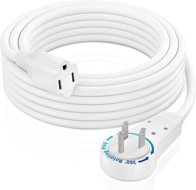Maximm Extension Cord 15 Foot White Flat Plug, 360° Rotating Short Power Cord Single Outlet, Indoor 16 Gauge 3 Prong Grounded Wire UL Certified (15Ft White)