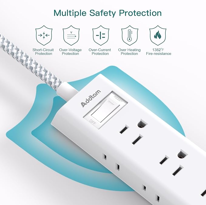 6Ft Extension Cord - Surge Protector Power Strip, Addtam 12 Widely 3 Sides Outlet Extender, Flat Plug, Wall Mount, Desktop Charging Station for Home Office College Dorm Room Essentials