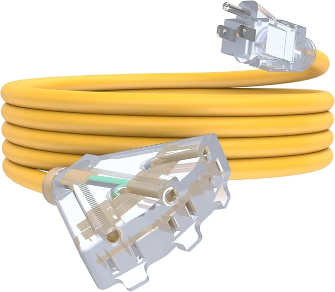 15Ft 12/3 Outdoor Extension Cord with 3-Outlets, Heavy Duty 12 Guage 3 Prong Extension Cord Waterproof with Lighted end, 15A 12AWG 1875W SJTW, ETL Listed - Great for Garage, Garden and Home, Yellow
