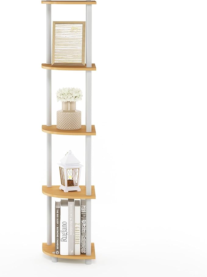 Furinno TURN-N-TUBE Corner Shelf, 5-Tier Corner Bookshelf, Open Storage Shelves, for Organization and Storage, Living Room, Home Office, Garage, Bedroom, Beech