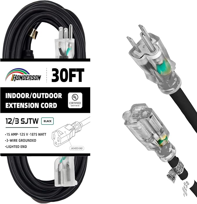 Indoor Outdoor Extension Cord Weatherproof with Lighted End, UL Listed, 12 Gauge 30FT Black 3 Prong Heavy Duty, 12/3 SJTW 15A Power Cord for Outdoor Lights, Lawn