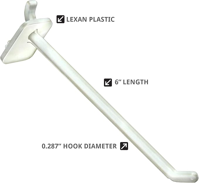 Azar Displays 800006-W Pack of 50 White Pegboard Hooks (Also Available in Black & Clear) - 6” Pegboard Hook Set (2” & 4” Pegboard J Hooks Also Available) - Polycarbonate Plastic Hooks for Retail