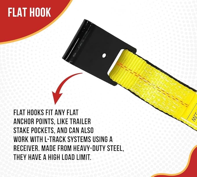 Mytee Products 2 Pack 2" x 120" Yellow Side Mount Wheel Tie Down Strap with Flat Hook & Dual Ratchet – 3,333 lbs WLL Wheel Net Fits 14–17" Tires, Heavy Duty Vehicle Tie Down Strap for Car Hauling