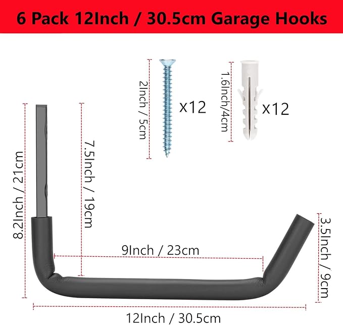 Garage Storage Heavy Duty Utility Hooks, 12 Inch Wall Mount Storage Hanger Organizer for Hanging Tool, Chairs, Hoses, Ladder, Bulk Items, Ropes, Bike