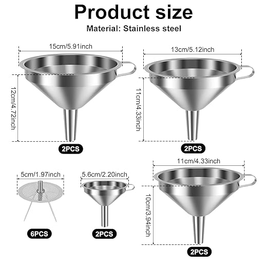 14 Pack Stainless Steel Funnel Set, Filter Kitchen Funnel with 6 Fine Mesh Strainers, 4 Sizes Funnels for Kitchen Use Filling Bottles, Filling Bottles, Oil, Jam, Liquid & Powder