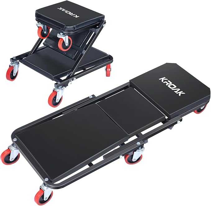 KROAK Creeper, 40 Inches 2 in 1 Z Creeper Seat 330 lbs Capacity Garage Chair Adjustable Rolling Folding Car Creeper with 6 pcs Wheels,Lay Down or Sit for Garage, Shop, Auto Repair Black