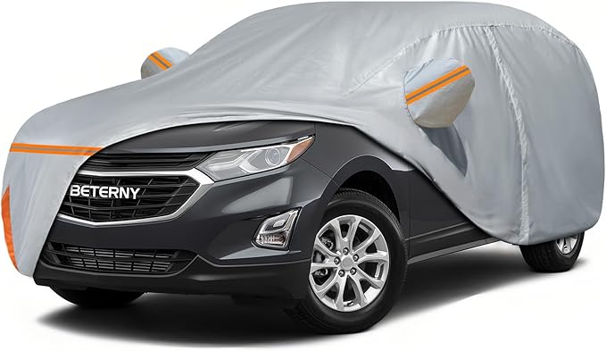 Car Cover for 2005-2025 Chevy Equinox, Waterproof Custom-fit All Weather Sun Rain UV Dust Snow Protection Outdoor Equinox Full Car Cover with Door Zipper and Cotton Lining-Grey