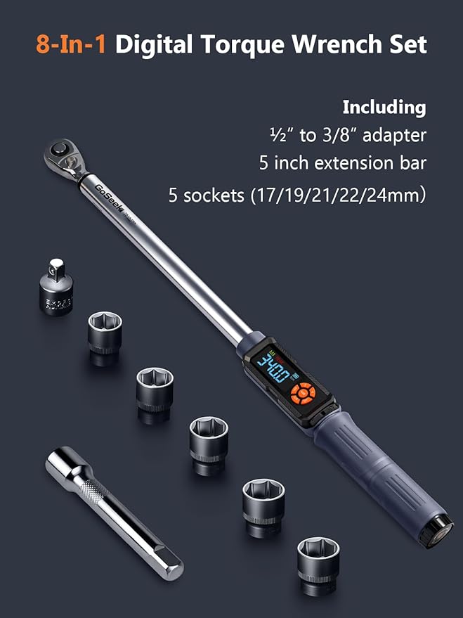 Goseek Upgraded Rechargeable Digital Torque Wrench, 12.5-250.7Ft-lbs/17-340Nm, 1/2'' Drive Electric Torque Wrench Set with Buzzer & LED & Vibration for Car Motor Tires Auto Repair