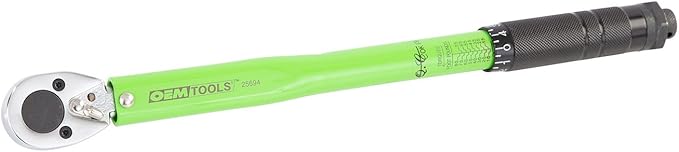 OEMTOOLS 25694 3/8” Drive Click-Style Torque Wrench | Green | 14.5” Long | 10-80 Ft-Lb (13.558-108.47 Nm) | Accurate to +/- 4% | Knurled Handle for a Secure Grip | Clicks at Desired Torque