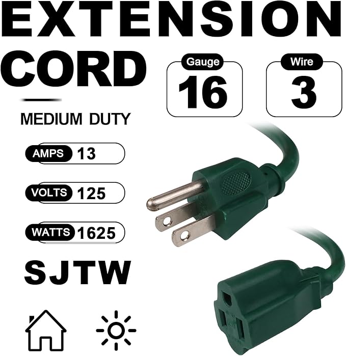 EP 6FT Green Outdoor Extension Cord, 16/3 SJTW Heavy Duty Waterproof, 3 Prong Grounded Plug, 13A 1625W 16AWG, Cold-Resistant Flexible Power Cable for Garden, Home, Christmas Lights.