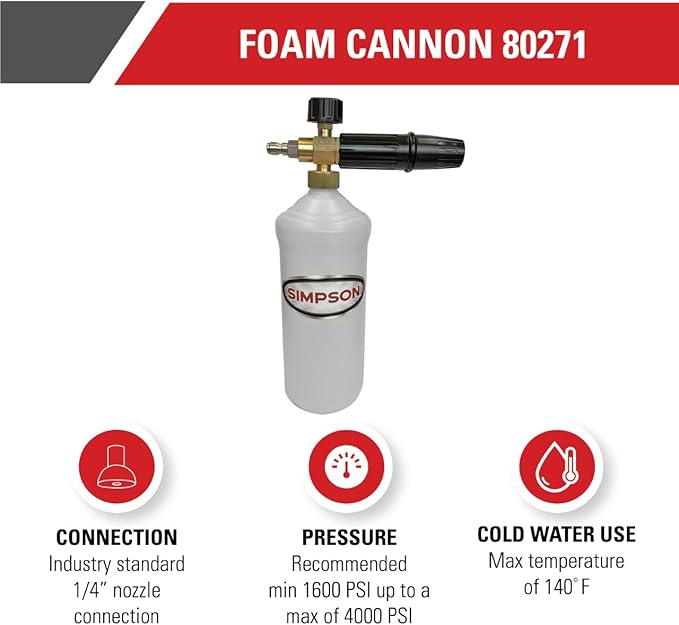 Simpson Cleaning 80271 Pressure Washer Foam Cannon with 1/4 Inch Quick Connector, 1 Liter, White