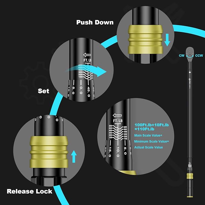 3/4-Inch Drive Click Torque Wrench, 100-650 Ft-Lb/135.5-880.8 Nm with Dual-Direction, 48-Tooth, Dual Range Scales, Quick Release Reversible Head Torque Wrench for Car, Truck, Tractor