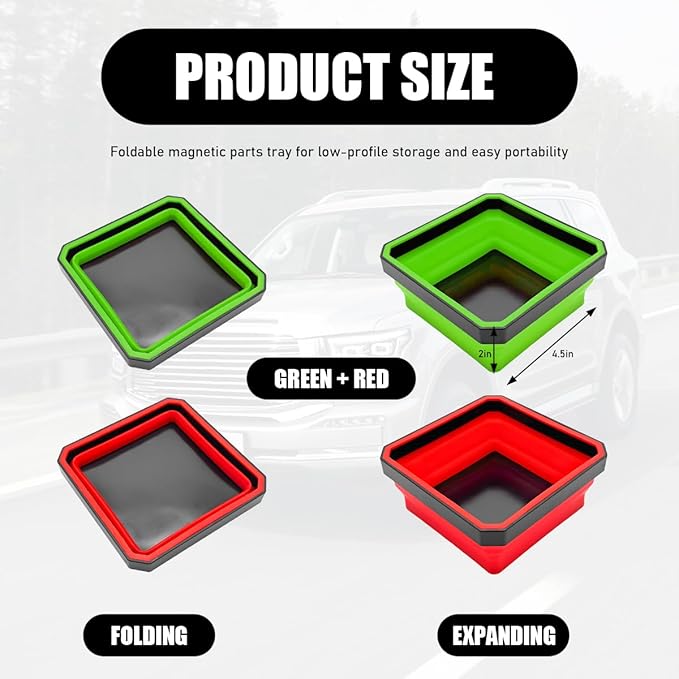 2PCS Collapsible Magnetic Parts Tray, 4.5" Square Silicone Tool Tray with Double-Sided Magnetic Base, Foldable Bowls Small Metal Parts Holder for Screws Bolts Nuts Washers(Green+Red)