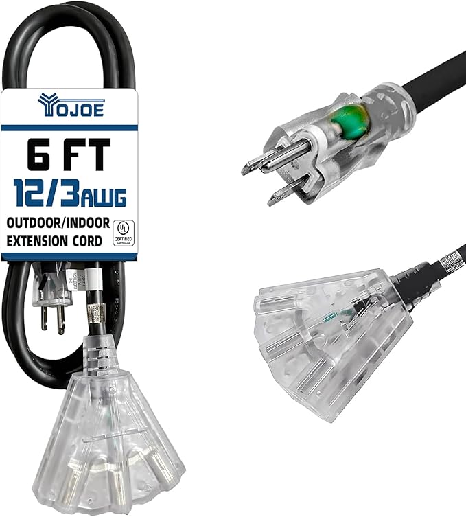 YOJOE 3-Outlets Indoor Outdoor Extension Cord with Lighted End, 3 Prong 15A Weatherproof Power Cord, 12 Gauge Heavy Duty 6 ft Black Extension Cord Multiple Outlets, 12/3 SJTW UL Listed