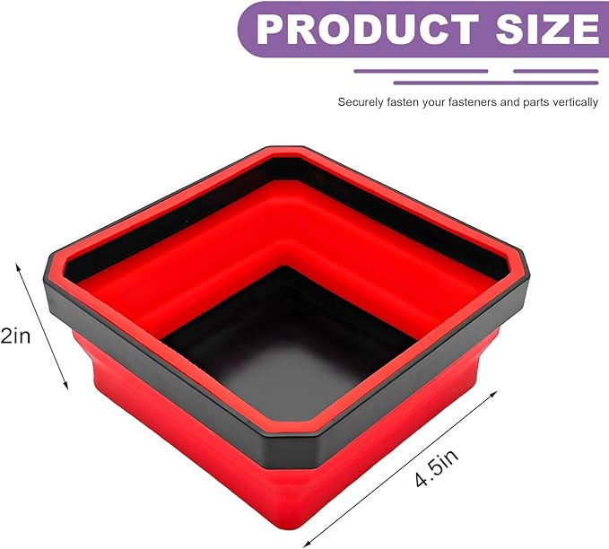 Collapsible Magnetic Parts Tray, 4.5" Square Silicone Metal Parts Organizer Double-Sided Magnet Bowl, Foldable Magnetic Tool Trays for Screws Bolts Nuts Washers Pins (Red)