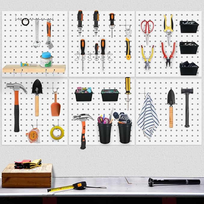 6PCS Metal Pegboard Kit, White Pegboard Panels, Wall Organizer for Tools Heavy Duty Steel Peg Board Storage System for Workbench, Garage, Office, Kitchen and Craft Room