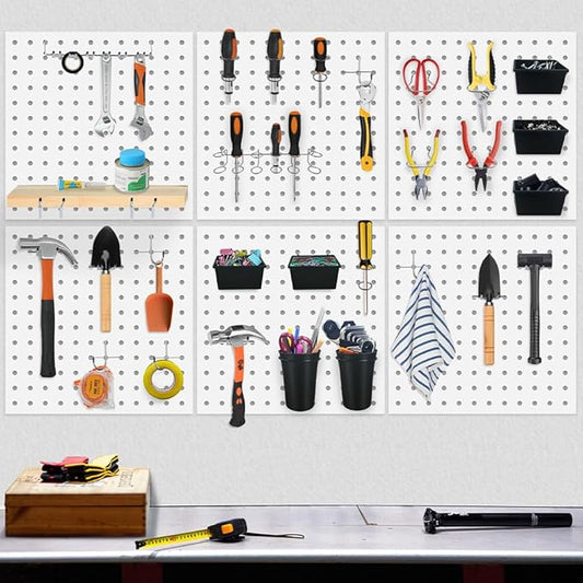 6PCS Metal Pegboard Kit, White Pegboard Panels, Wall Organizer for Tools Heavy Duty Steel Peg Board Storage System for Workbench, Garage, Office, Kitchen and Craft Room