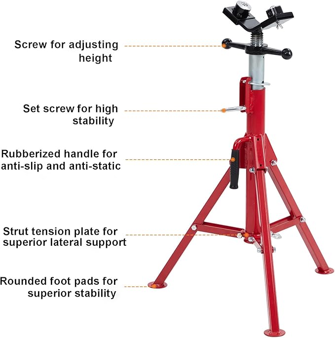 Pipe Jack Stand, Heavy Duty Jack Stand, Pipe Stand for Welding, V-Head with 2 Balls for Easy Movement of Items, Portable Folding Legs, for 1/8-12 Inch Pipe, Adjustable Height 28-52 Inches