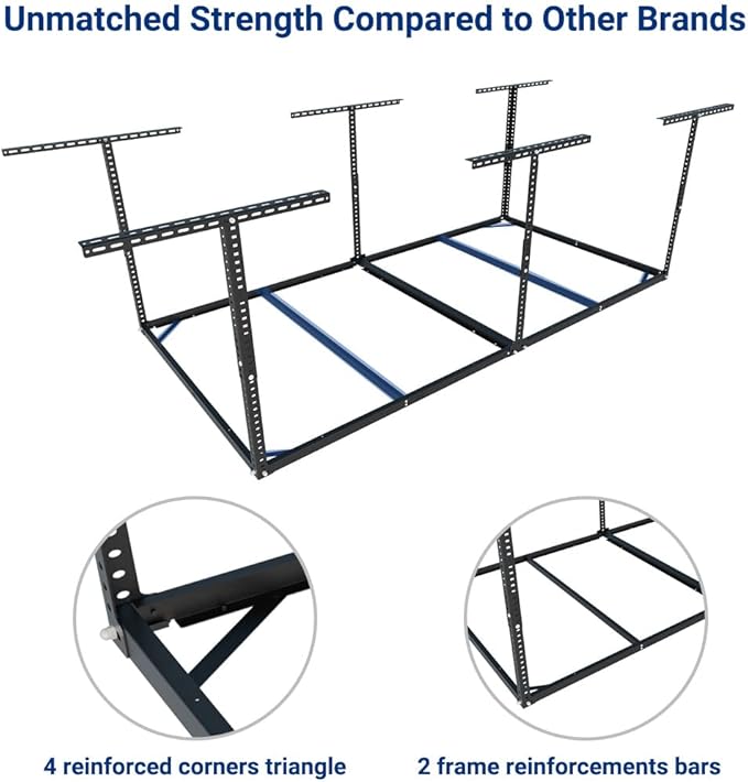 FLEXIMOUNTS 4x8 Overhead Garage Storage Rack without Decking,plus 2-Pack Add-On Storage Utility Hook Accessory,600lbs Weight Capacity,Black