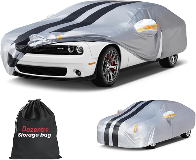 Multi-Layer Car Cover Custom Fit for Dodge Challenger Widebody, 100% Waterproof All Weather for Automobiles, Gift with Towel, Heavy Duty Car Covers for Rain Sun UV Protection with Door Zipper