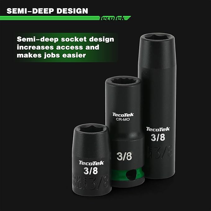 3/8-Inch Drive 12-Point SAE Semi-Deep Impact Socket Set, Mid-Length Socket Set, 5/16-Inch to 1-Inch, CR-MO, Stamped and Ink Filled Size Marking, 12-Piece
