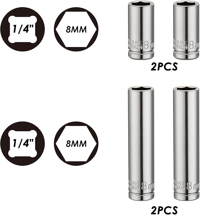 MIXPOWER 4PCS 1/4"Drive 8mm Deep&Shallow Socket, 6 Point, Cr-V Steel, 8mm