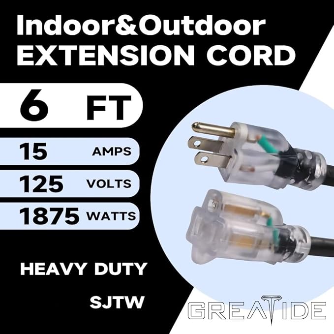 Outdoor Extension Cord with Lighted End, 12 Gauge Heavy Duty Extension Cord 6 FT, 3 Prong Grounded 15 Amp Extension Cord, 12/3 SJTW Waterproof Power Cord for Appliance, UL Listed, Black
