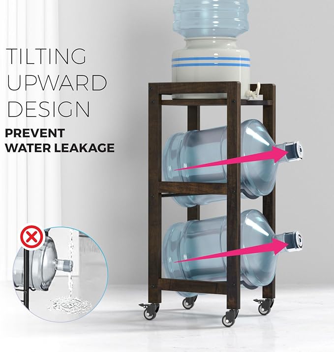 3-Tier 5 Gallon Water Jug Holder with Top Shelf – 4 Metal Wheels or Adjustable Feet – Natural Hardwood Water Dispenser Floor Stand – Wooden Organizer for Kitchen, Office, Garage – Space-Saving Design
