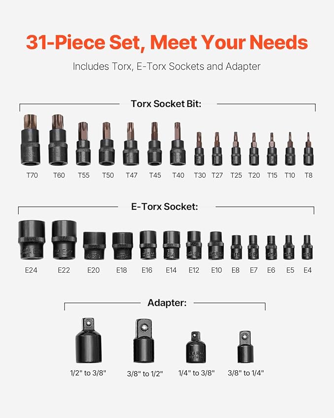 VEVOR Torx Bit Socket and External Torx Socket Set, 31-Piece T8-T70 and E4-E24, S2 Alloy Steel and Cr-V Steel, 1/4 in, 3/8 in, and 1/2 in Drives, with Adapter and Enhanced Storage Case, for Automotive