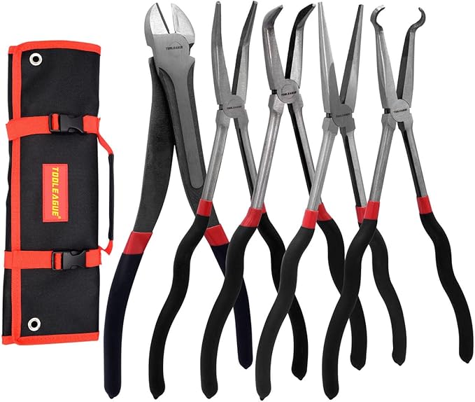 TOOLEAGUE 5Pcs Extra Long Needle Nose Pliers Set, 11" Long Reach Straight,45/90 Degree Bent Nose,Diagonal Pliers and O-shape Tip Craft Repairing Tool