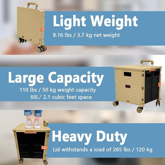 Folding Rolling Utility Cart,Wear-Resistant Noiseless Shopping Trolley Carts with Wheels for Grocery,Portable Crate Storage Tool Box with Lid Used as a Seat for Moving Office Use/Travel/Picnic/Books