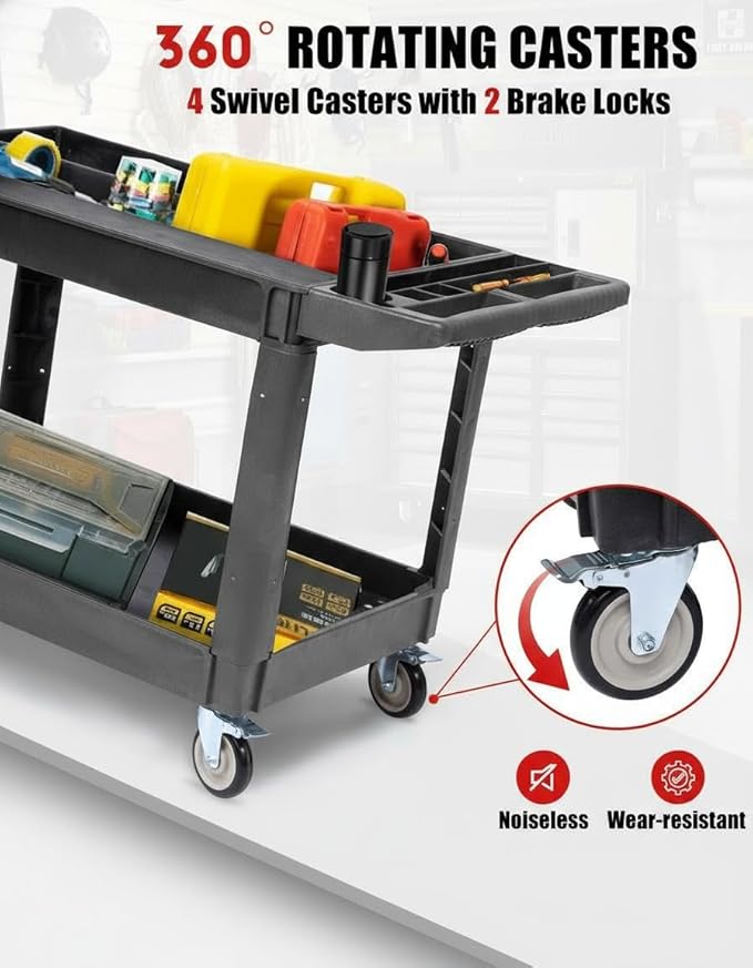 2 Tier Metal Utility Cart,330 Lbs Metal Heavy Duty Utility Cart On Wheels,2 Shelf Steel Rolling Tool Cart, Tool Storage Organizer for Mechanic, Garage, Workshop, Warehouse (Gray, 46x25x33.5)