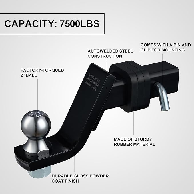 TOPSHINE Trailer Hitch Ball Mount with 2 in Ball & Hitch Pin, Heavy Duty Steel Fits 2 Inch Receiver, 7500lbs Capacity, 4-in Drop, 3pcs Hitch Receiver Silencer Pad Included, Black