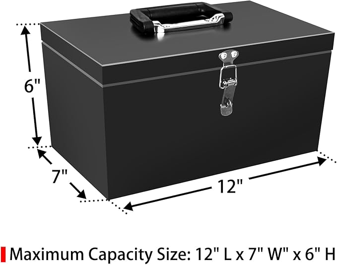 Peastorm Small Steel Metal Tool Box, Lockable Storage Box for Storing Valuable Items, Office Documents, Garage Tools (12" Black)
