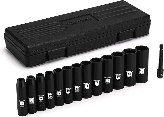 EMENTOL 14PCS 3/8"Dr. Deep Impact Socket Set, Metric, 12-Point, CR-V, 14 Pieces 3/8-Inch Drive Deep Socket Set, 7mm - 19mm