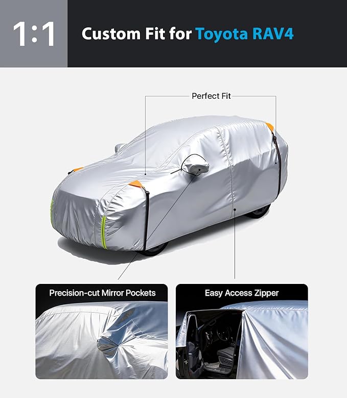 Wigoo Toyota RAV4 Car Cover 1996-2026, Custom Fit Waterproof All Weather Outdoor Full Exterior SUV Cover, Windproof Rain Sun UV Snow Dust Protection, Paint-Safe Lining, Door Zipper, RAV4 Accessories