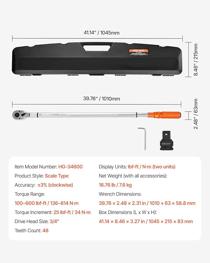 VEVOR 3/4 Inch Drive Torque Wrench 100-600fFT.LB/136-814Nm, 1 Inch Adapter, Split Beam, 48'' Length, less effort for Off-road Equipment,Truck,Motor Homes & Drilling Platform
