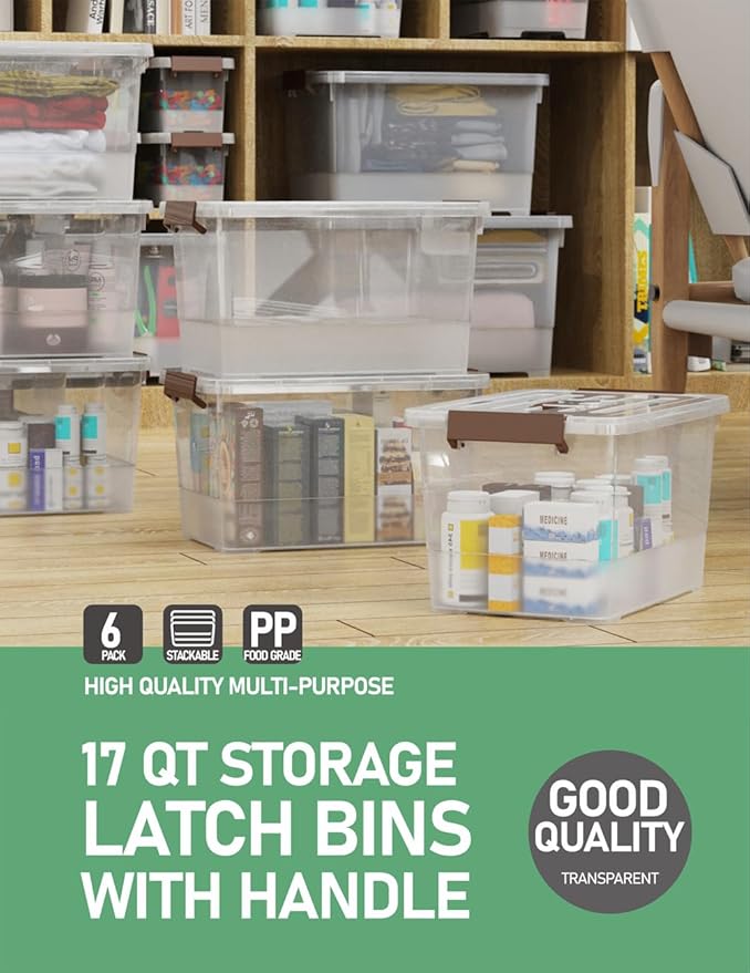 WYT 6 Pack 17qt Clear Plastic Storage Bin with Lid and Latching Buckles, Stackable Tote Organizing Box with Handle