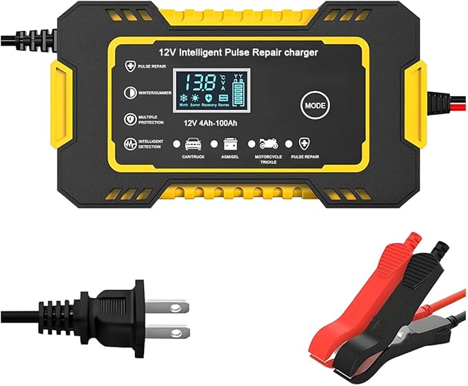 Mandark Car Battery Charger, 12V 6A Smart Fully Automotive Battery Trickle Charger, Portable Vehicle Battery Maintainer Desulfator with Temperature Compensation, Universal for SUV RV Truck (Yellow)