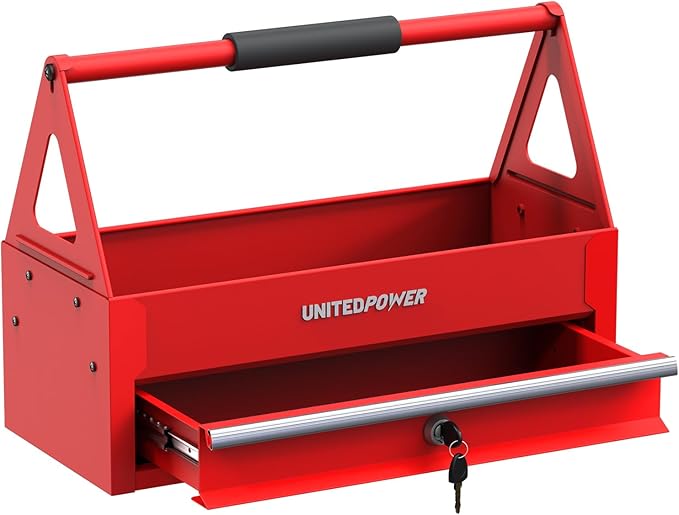 UNITEDPOWER Handy Tool Box With 1 Drawer，Portable Metal Tote Tray with comfortable grip handle, Tool Organization for Household, Warehouse, Repair Shop, Red